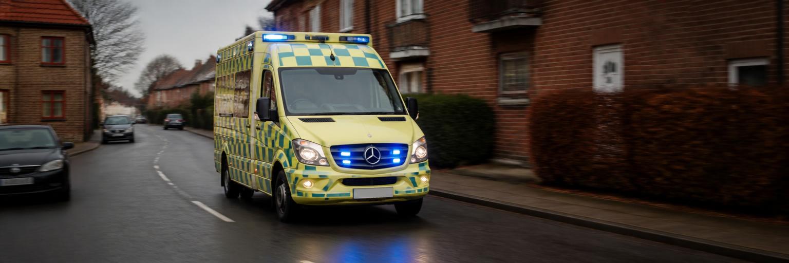 Ambulance med blå blinklys på vej gennem dansk villengade