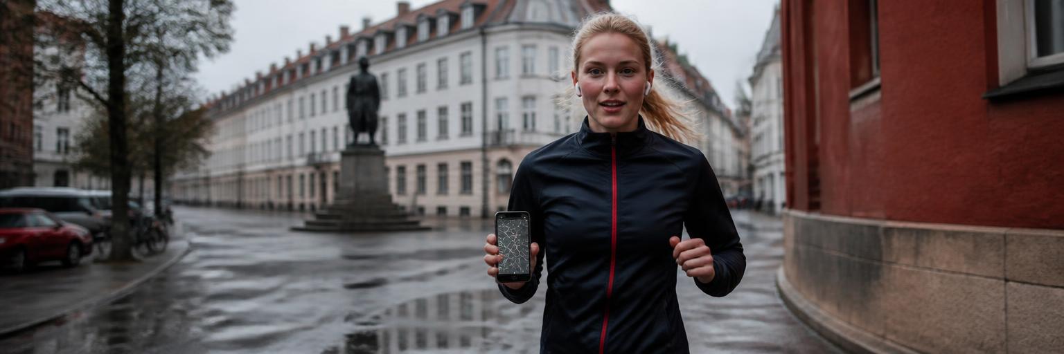 Hjerteløber løber gennem byen med mobiltelefonen i hånden